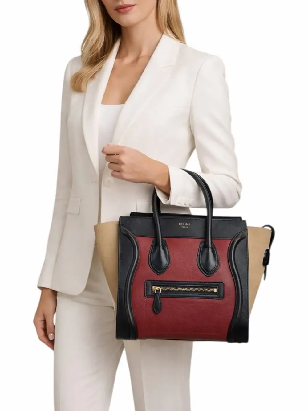 Celine Tricolor Mini Luggage Tote Bag Calf Leather Suede Rust Red Black